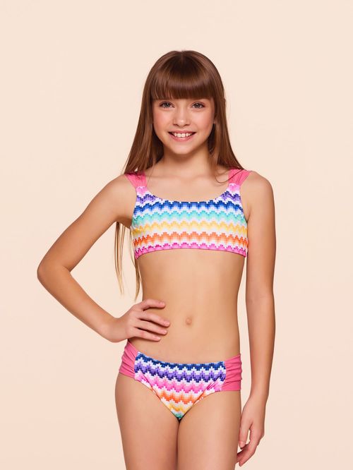 Biquíni Regata e Calcinha Reta Franzida Kids Tropical Rainbow